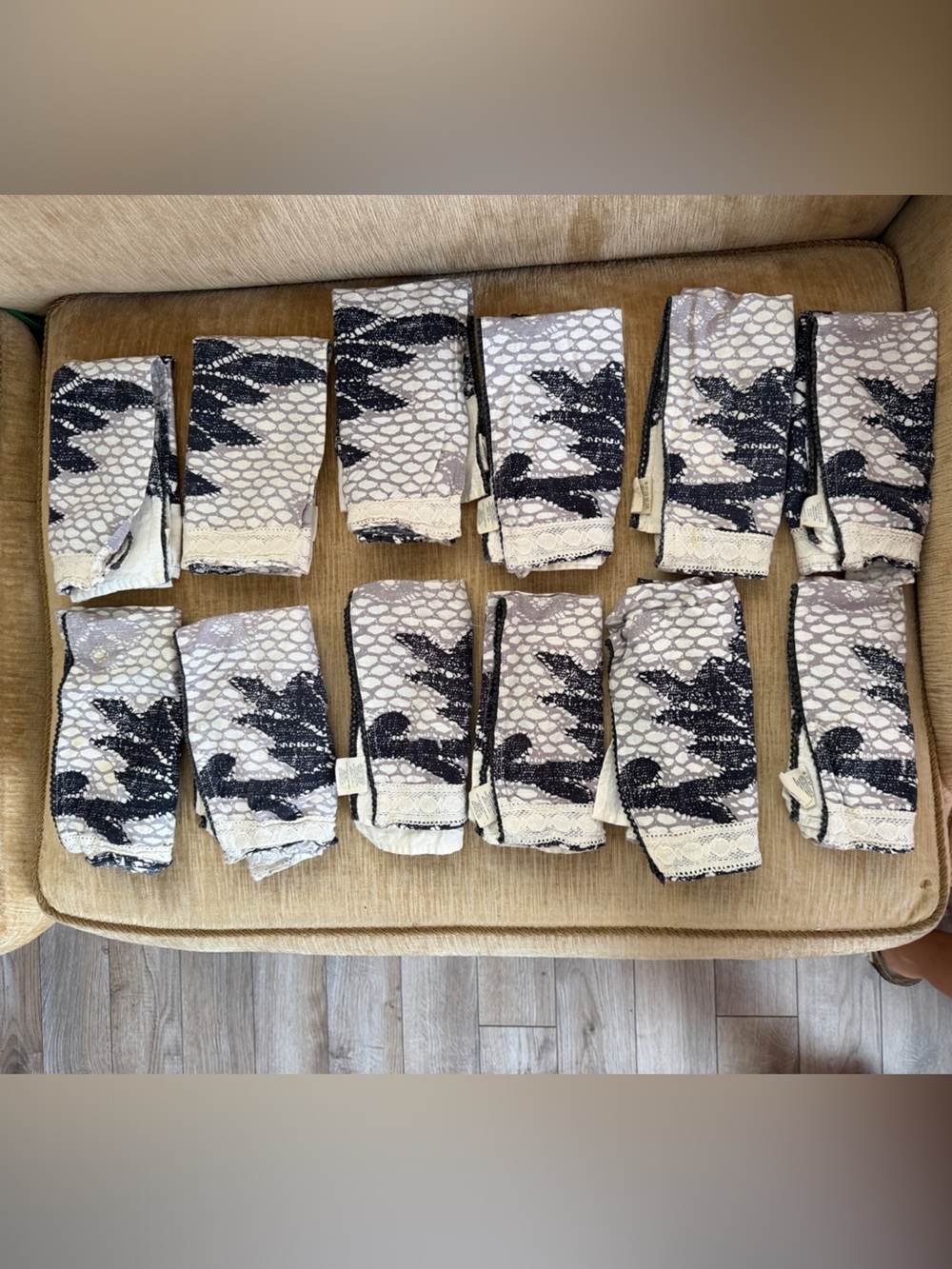 Anthropologie Black and Cream Lace-Print Napkin Set with crochet edges 12 cotton
